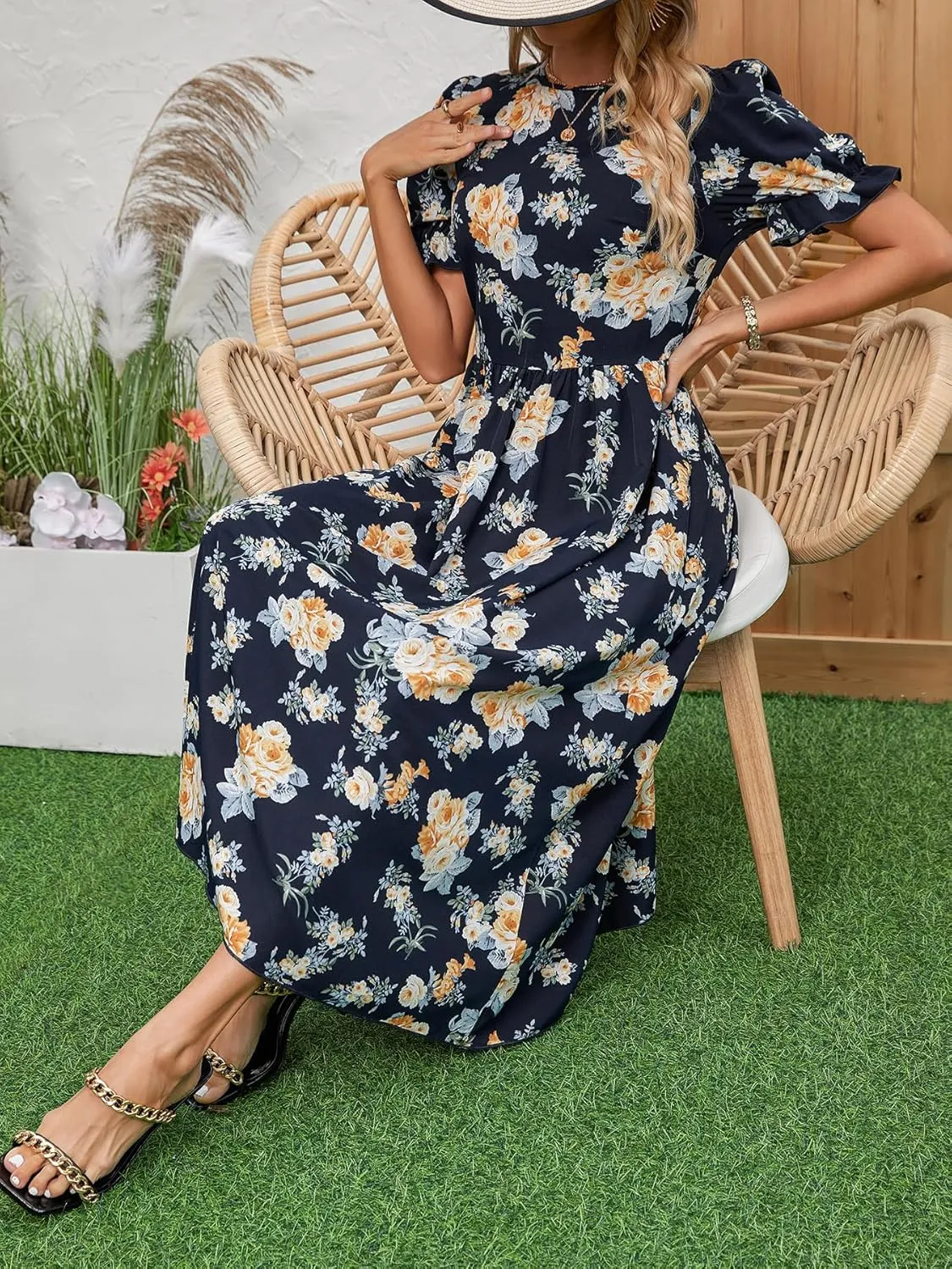 Women's Blue Floral Print Cross V-Neck Maxi Dress, Casual Summer Beach Vacation Dress, Elegant Cocktail Dress for Women