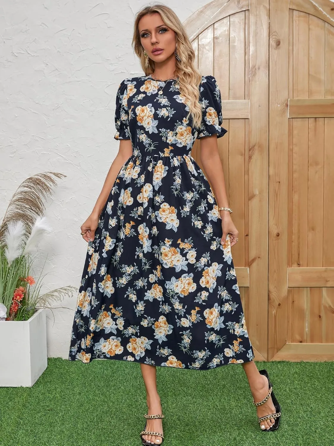 Women's Blue Floral Print Cross V-Neck Maxi Dress, Casual Summer Beach Vacation Dress, Elegant Cocktail Dress for Women