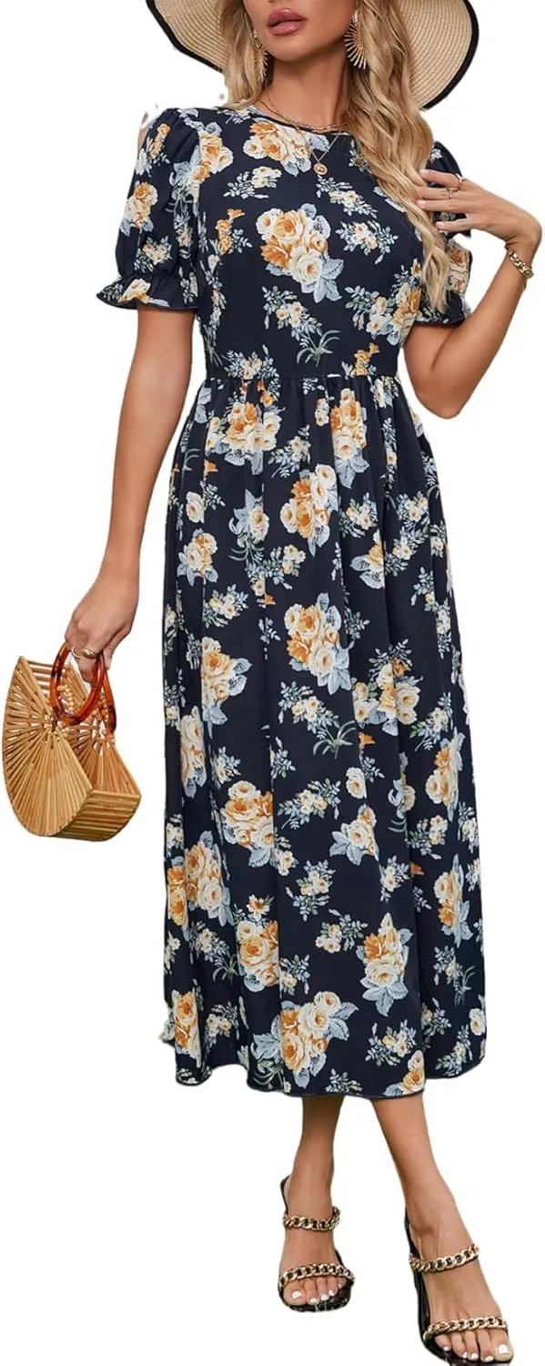 Women's Blue Floral Print Cross V-Neck Maxi Dress, Casual Summer Beach Vacation Dress, Elegant Cocktail Dress for Women