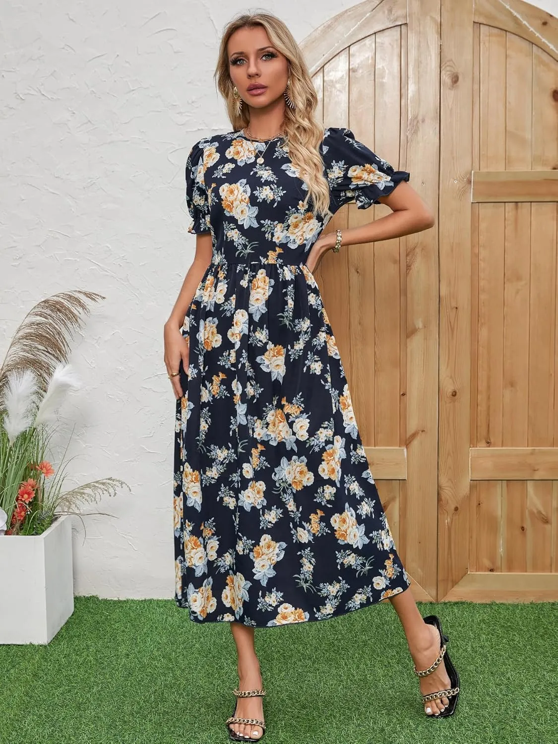 Women's Blue Floral Print Cross V-Neck Maxi Dress, Casual Summer Beach Vacation Dress, Elegant Cocktail Dress for Women
