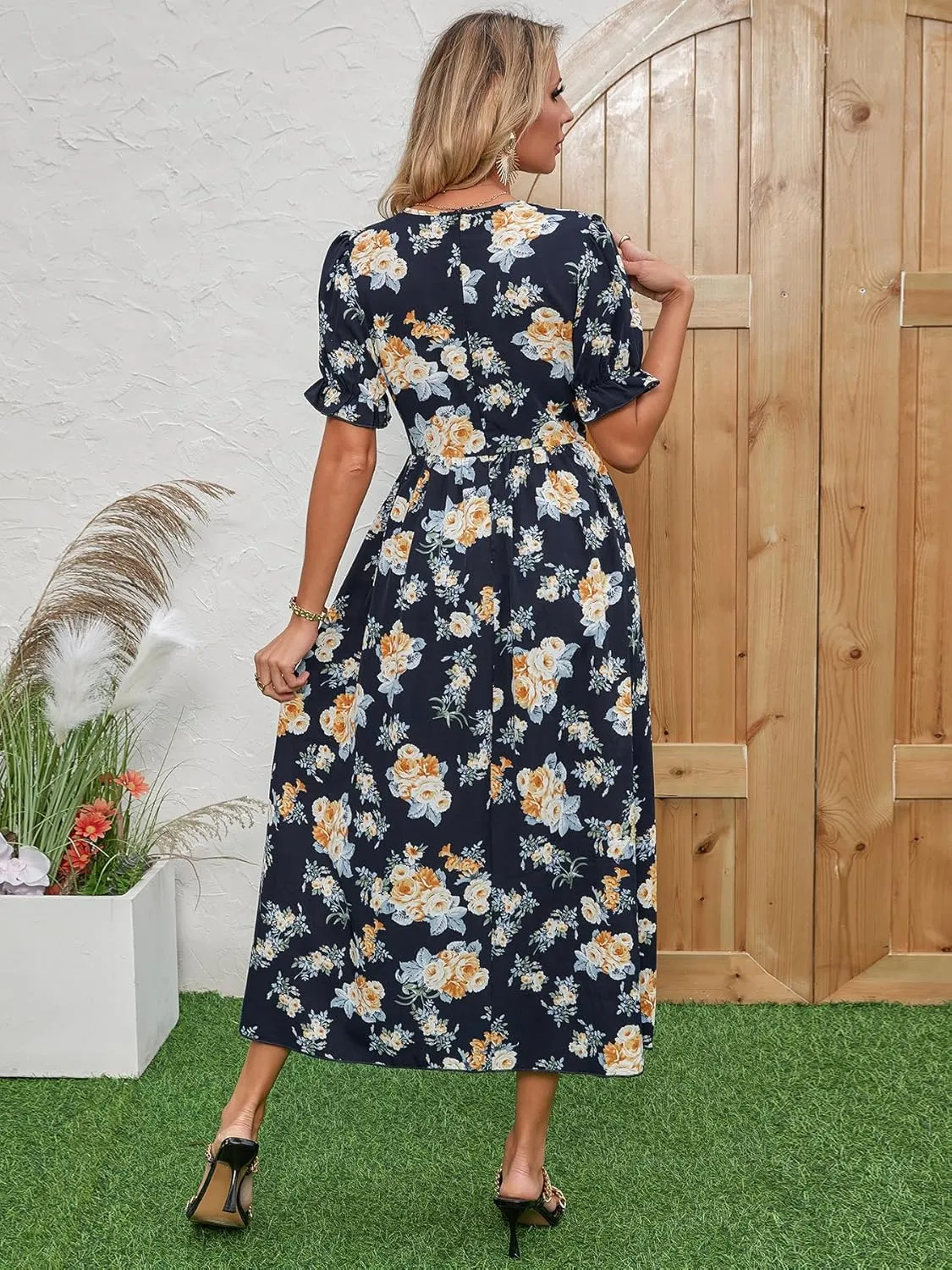 Women's Blue Floral Print Cross V-Neck Maxi Dress, Casual Summer Beach Vacation Dress, Elegant Cocktail Dress for Women