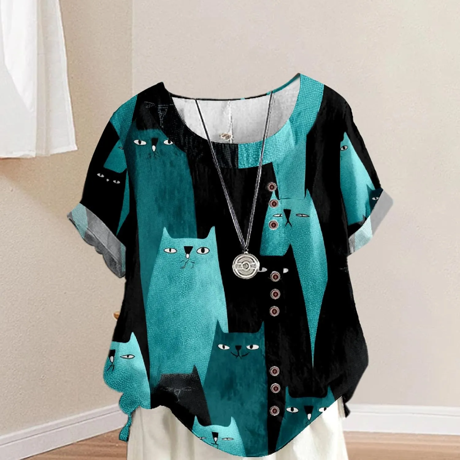 Women's Boho Floral Print Oversized Short Sleeve Blouse Ladies Crewneck Cotton Linen Blend Casual Button Tunic Tops