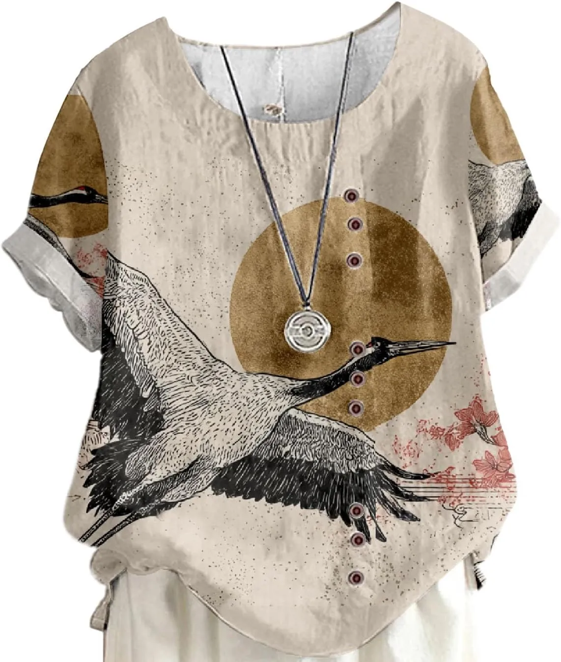 Women's Boho Floral Print Oversized Short Sleeve Blouse Ladies Crewneck Cotton Linen Blend Casual Button Tunic Tops