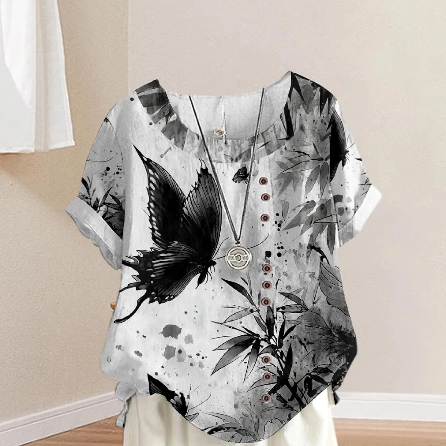 Women's Boho Floral Print Oversized Short Sleeve Blouse Ladies Crewneck Cotton Linen Blend Casual Button Tunic Tops