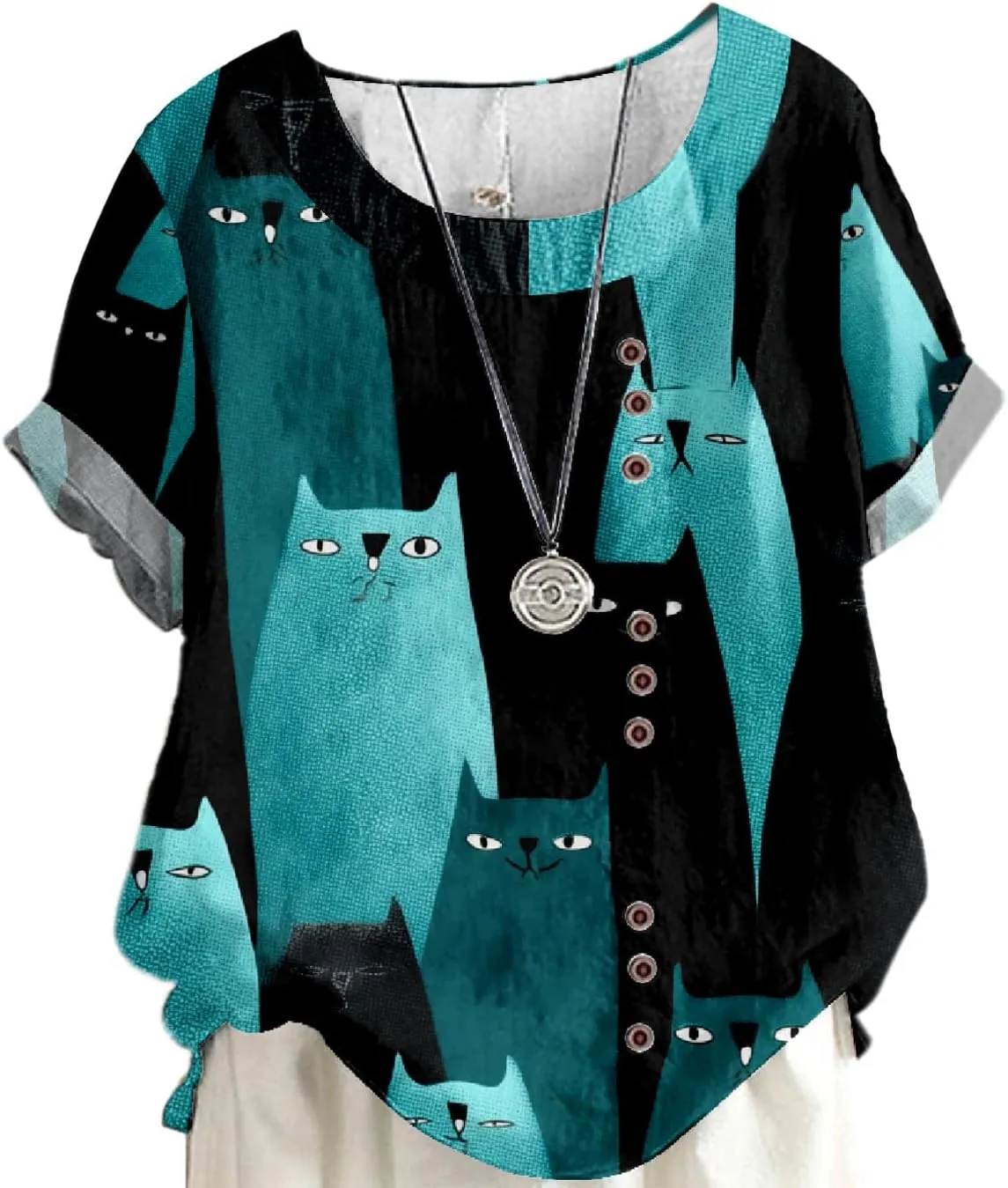 Women's Boho Floral Print Oversized Short Sleeve Blouse Ladies Crewneck Cotton Linen Blend Casual Button Tunic Tops