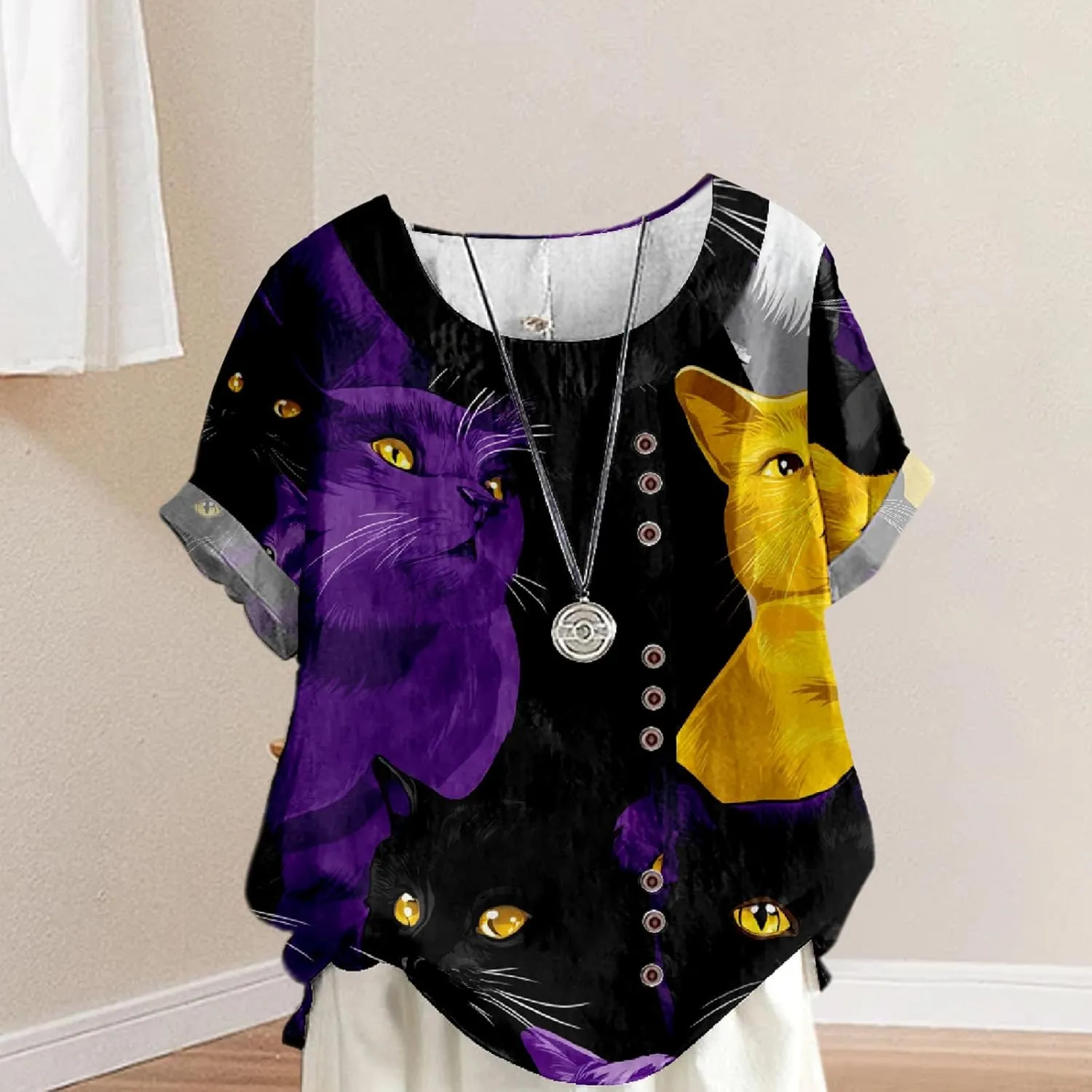 Women's Boho Floral Print Oversized Short Sleeve Blouse Ladies Crewneck Cotton Linen Blend Casual Button Tunic Tops