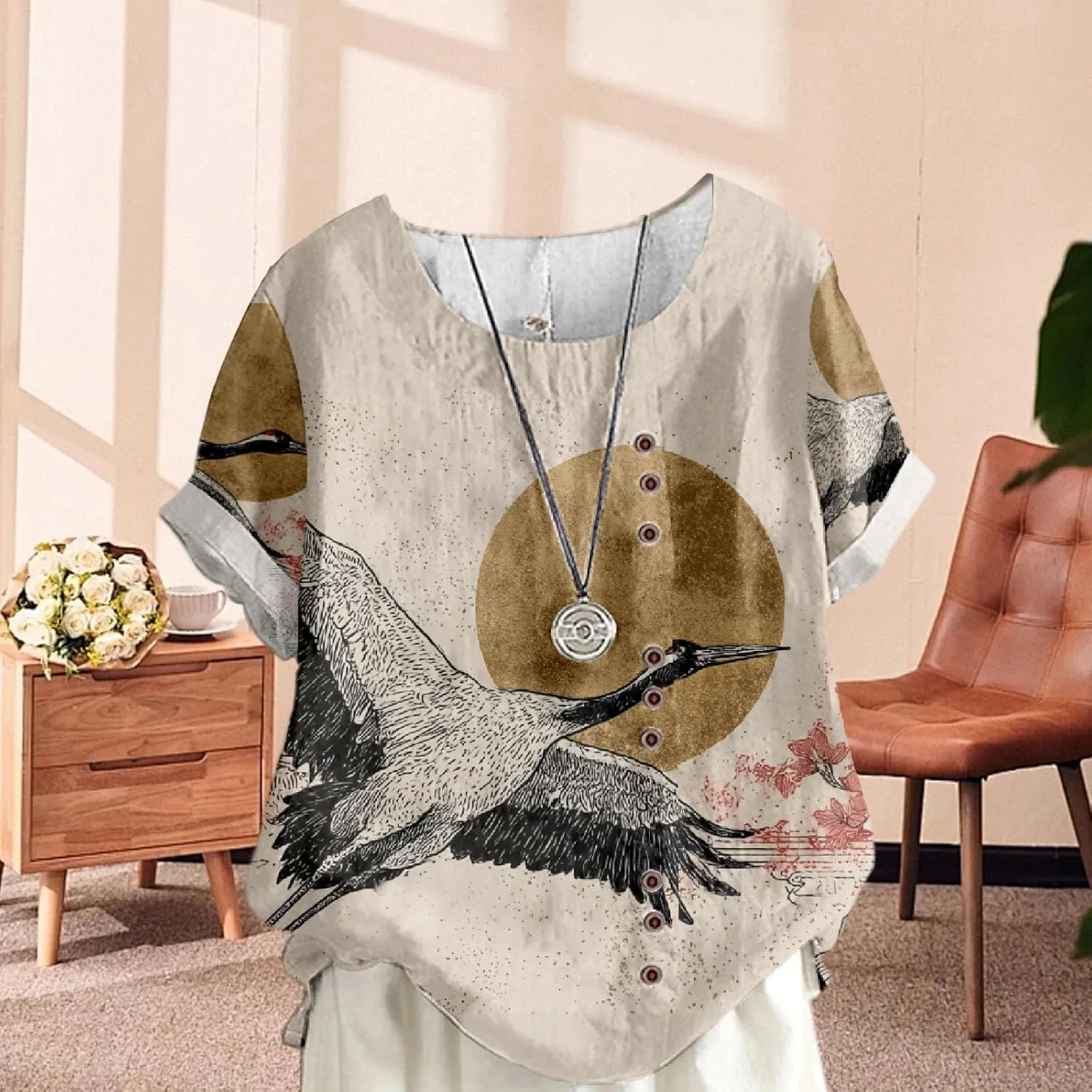 Women's Boho Floral Print Oversized Short Sleeve Blouse Ladies Crewneck Cotton Linen Blend Casual Button Tunic Tops