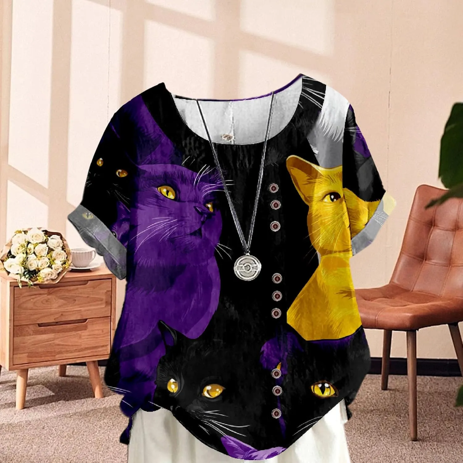 Women's Boho Floral Print Oversized Short Sleeve Blouse Ladies Crewneck Cotton Linen Blend Casual Button Tunic Tops