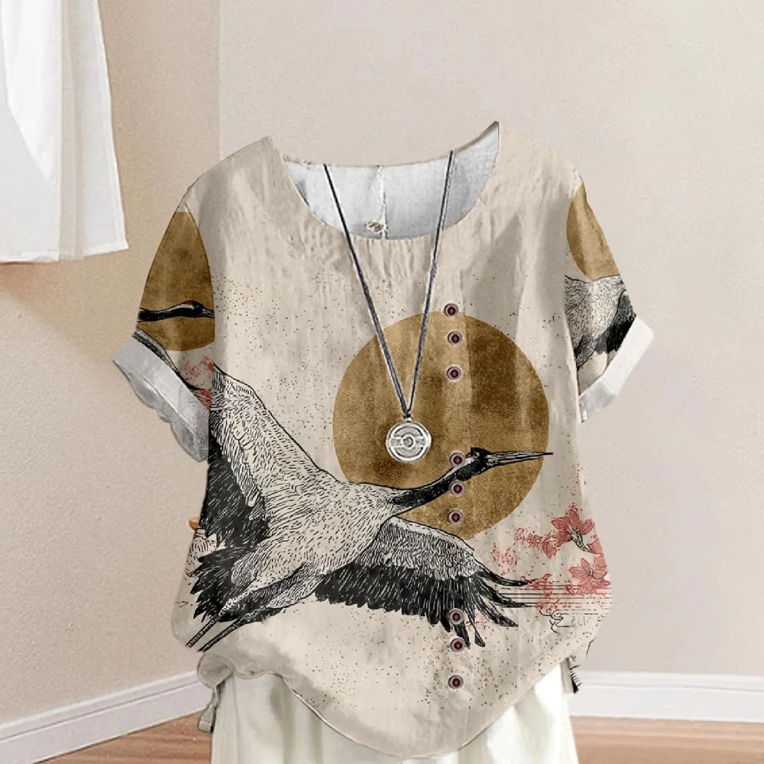 Women's Boho Floral Print Oversized Short Sleeve Blouse Ladies Crewneck Cotton Linen Blend Casual Button Tunic Tops