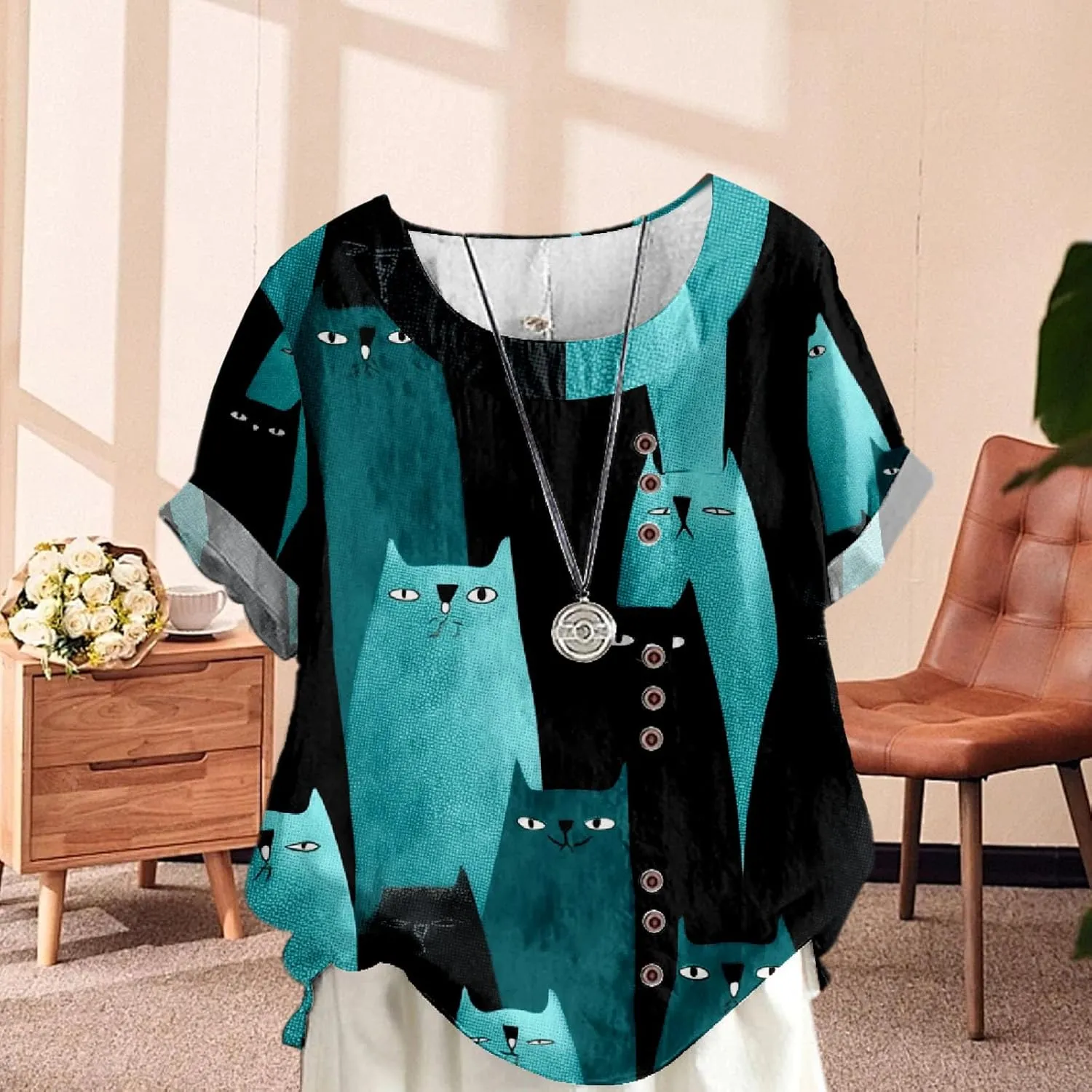 Women's Boho Floral Print Oversized Short Sleeve Blouse Ladies Crewneck Cotton Linen Blend Casual Button Tunic Tops