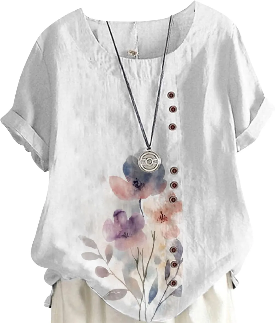 Women's Boho Style Floral Printed Cotton Linen Tops Ladies Crewneck Button Blouse Summer Casual Tee Shirt