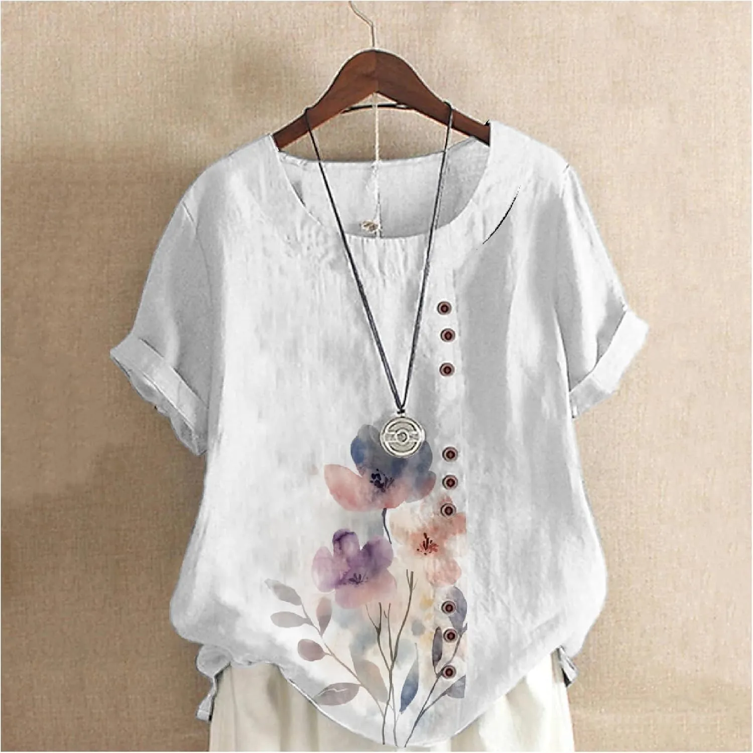 Women's Boho Style Floral Printed Cotton Linen Tops Ladies Crewneck Button Blouse Summer Casual Tee Shirt