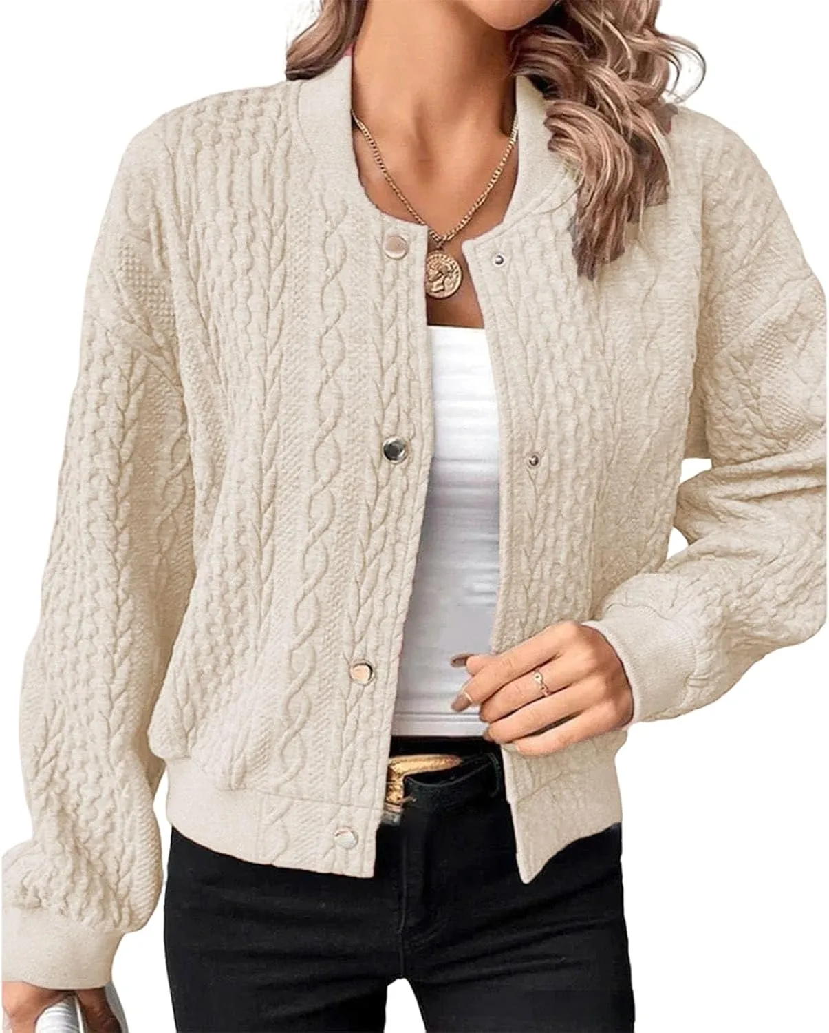 Women's Bomber Jackets Fleece Long Sleeve Cropped Button Down Casual Coat Faux Fuzzy Outwear with Pockets