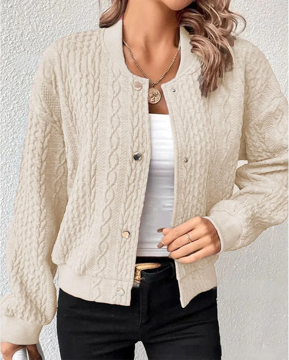 Women's Bomber Jackets Fleece Long Sleeve Cropped Button Down Casual Coat Faux Fuzzy Outwear with Pockets