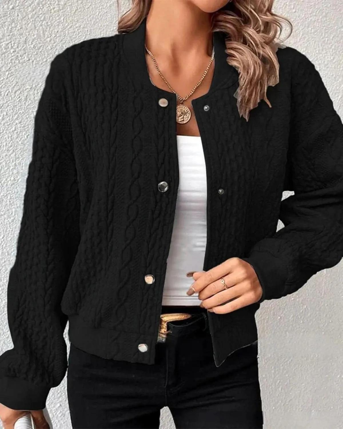 Women's Bomber Jackets Fleece Long Sleeve Cropped Button Down Casual Coat Faux Fuzzy Outwear with Pockets