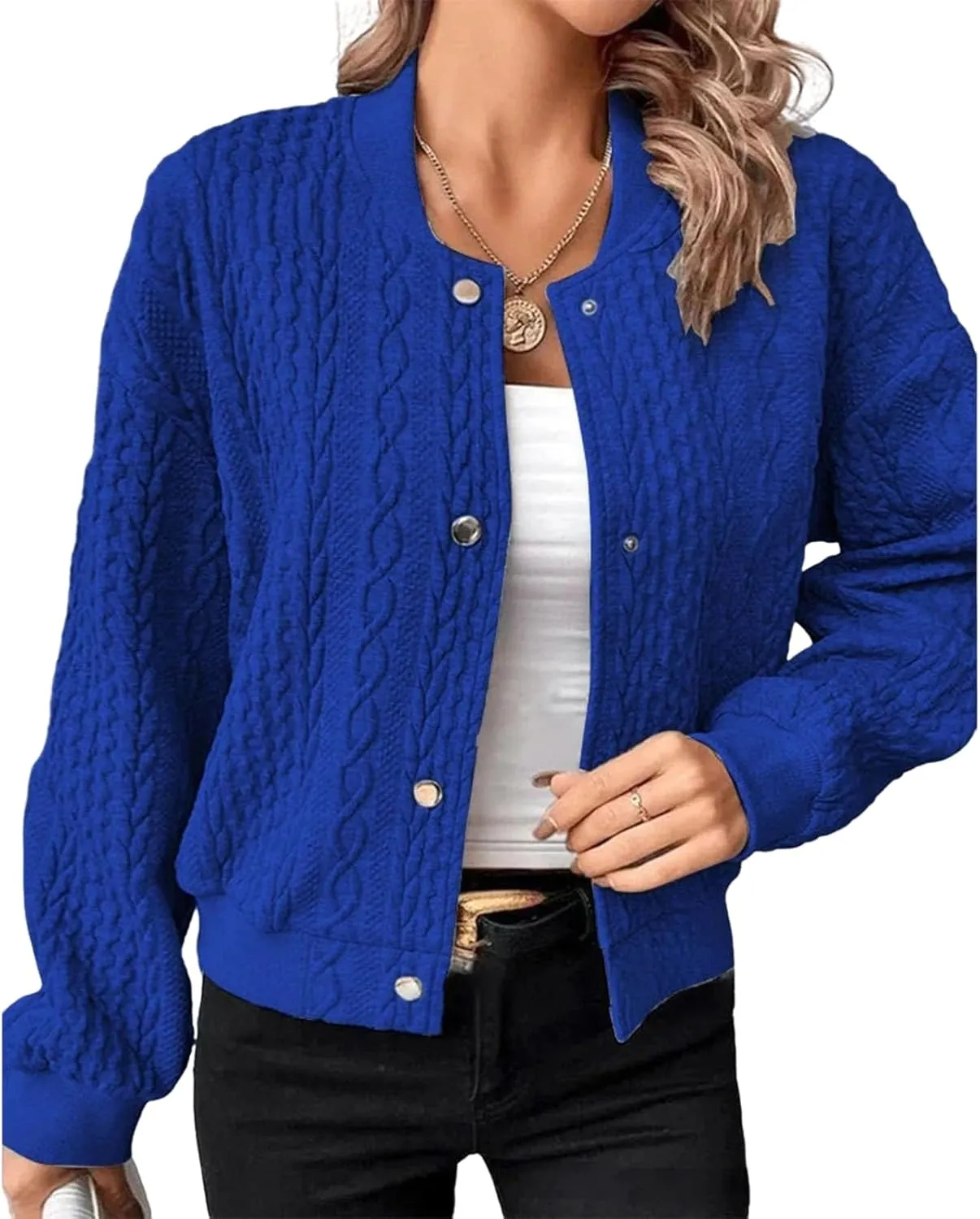 Women's Bomber Jackets Fleece Long Sleeve Cropped Button Down Casual Coat Faux Fuzzy Outwear with Pockets