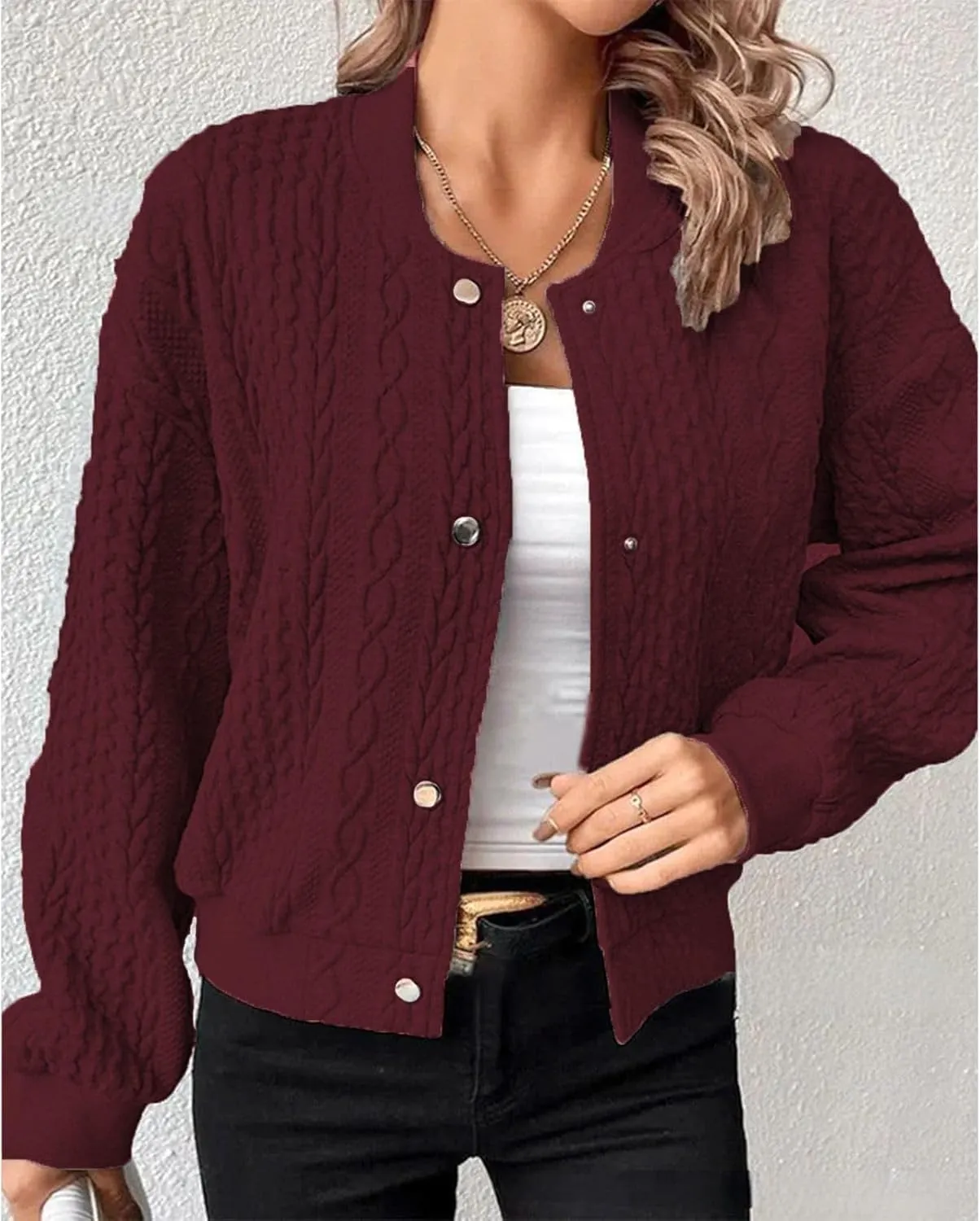 Women's Bomber Jackets Fleece Long Sleeve Cropped Button Down Casual Coat Faux Fuzzy Outwear with Pockets