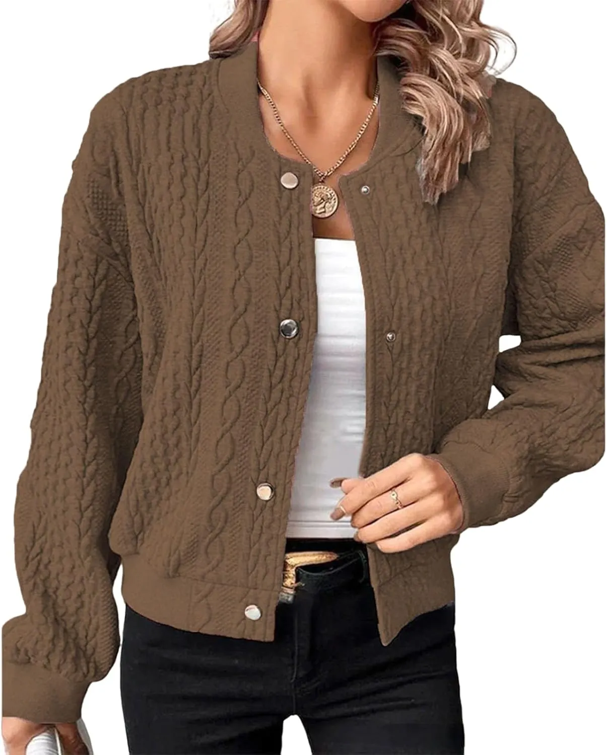 Women's Bomber Jackets Fleece Long Sleeve Cropped Button Down Casual Coat Faux Fuzzy Outwear with Pockets