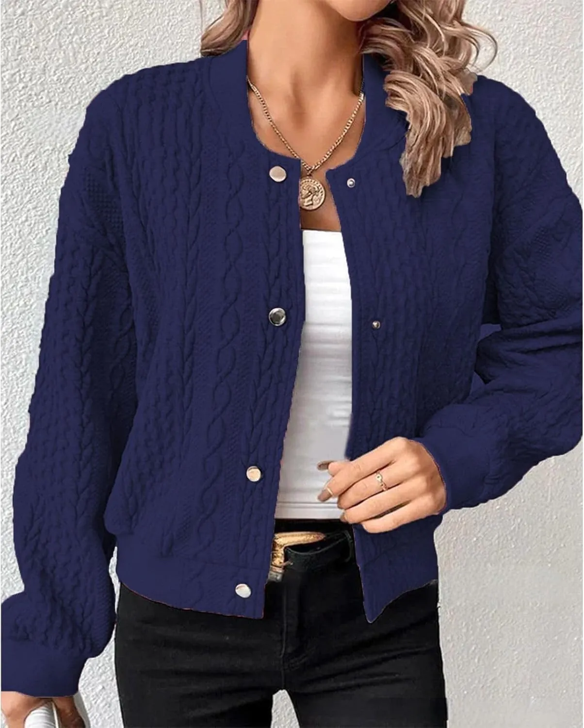Women's Bomber Jackets Fleece Long Sleeve Cropped Button Down Casual Coat Faux Fuzzy Outwear with Pockets