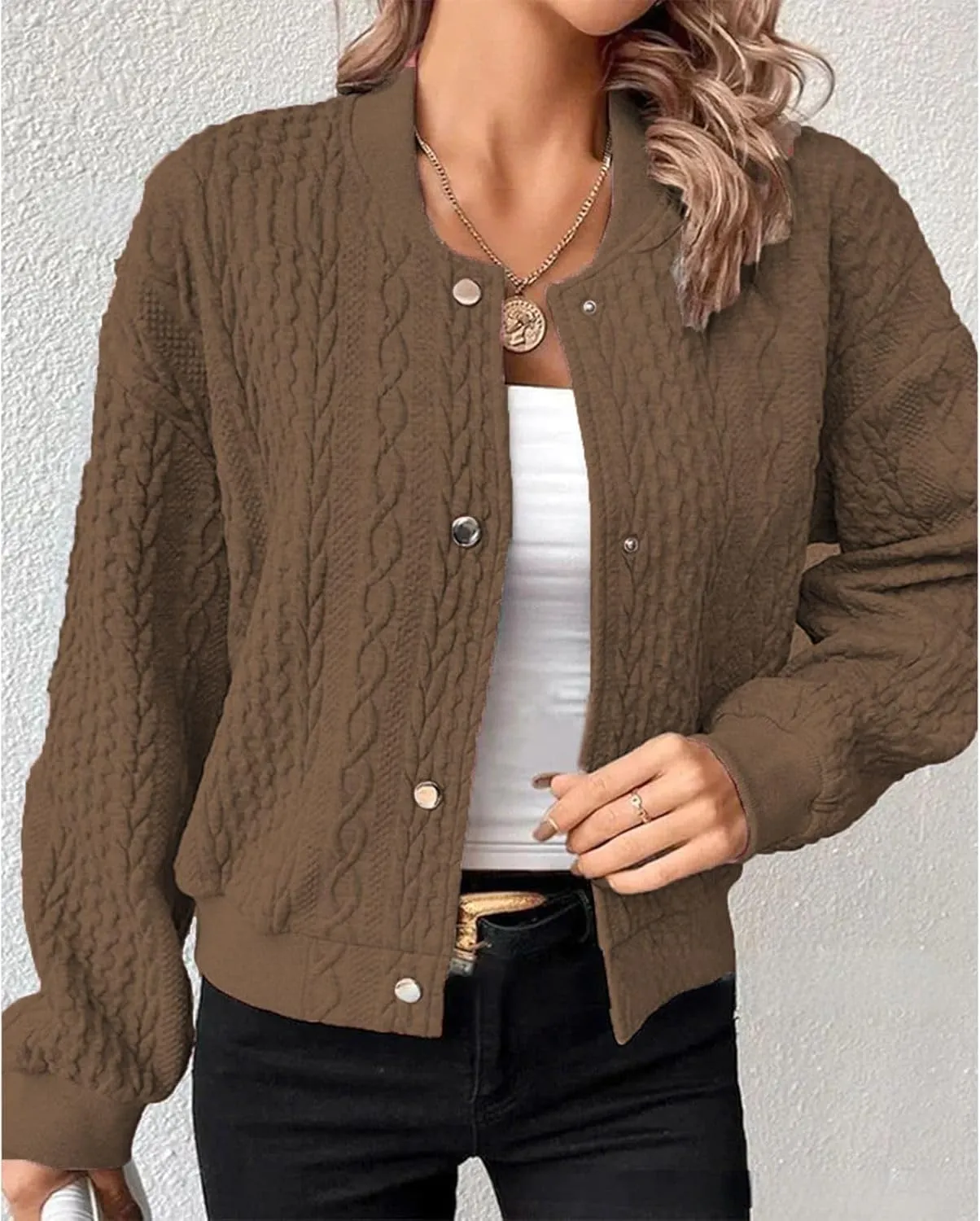 Women's Bomber Jackets Fleece Long Sleeve Cropped Button Down Casual Coat Faux Fuzzy Outwear with Pockets