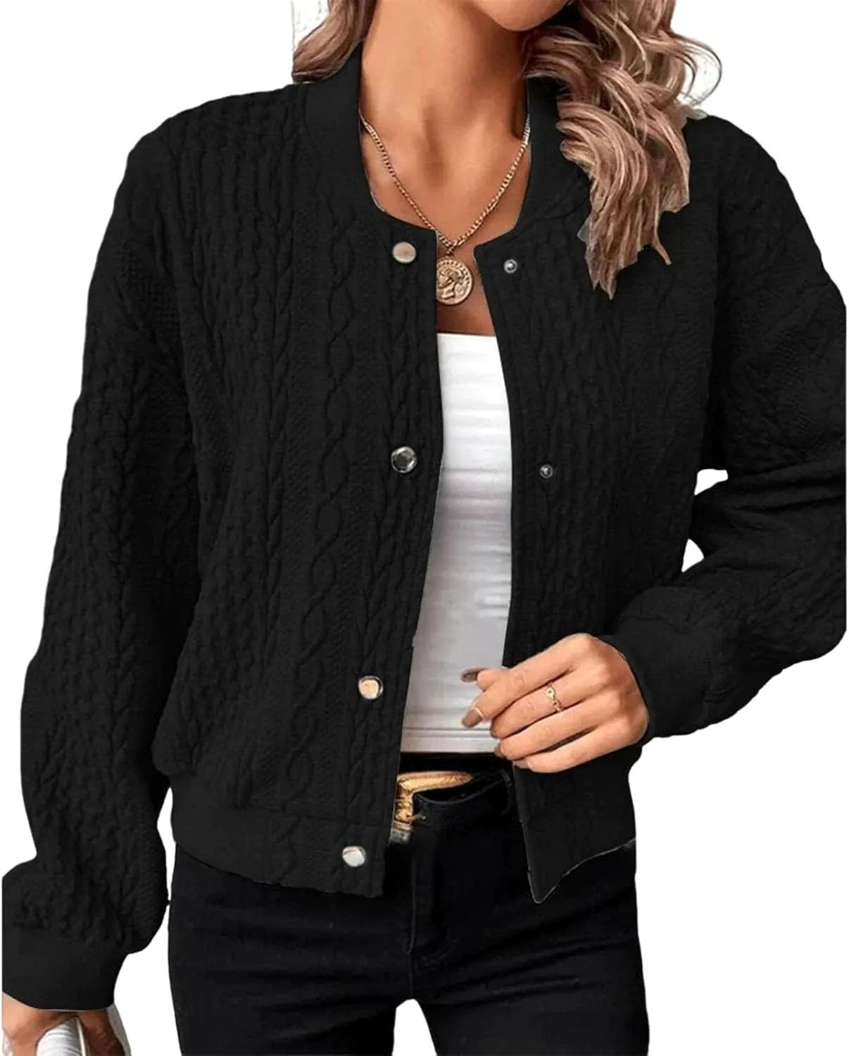 Women's Bomber Jackets Fleece Long Sleeve Cropped Button Down Casual Coat Faux Fuzzy Outwear with Pockets