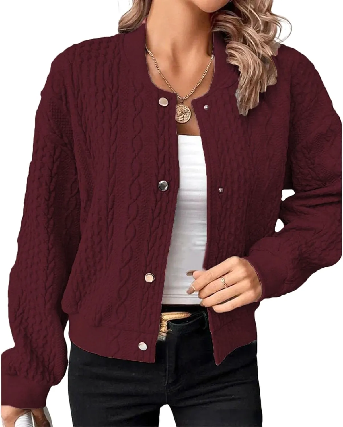 Women's Bomber Jackets Fleece Long Sleeve Cropped Button Down Casual Coat Faux Fuzzy Outwear with Pockets