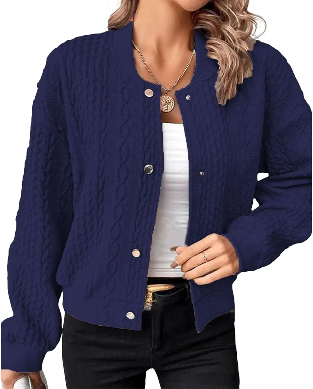 Women's Bomber Jackets Fleece Long Sleeve Cropped Button Down Casual Coat Faux Fuzzy Outwear with Pockets