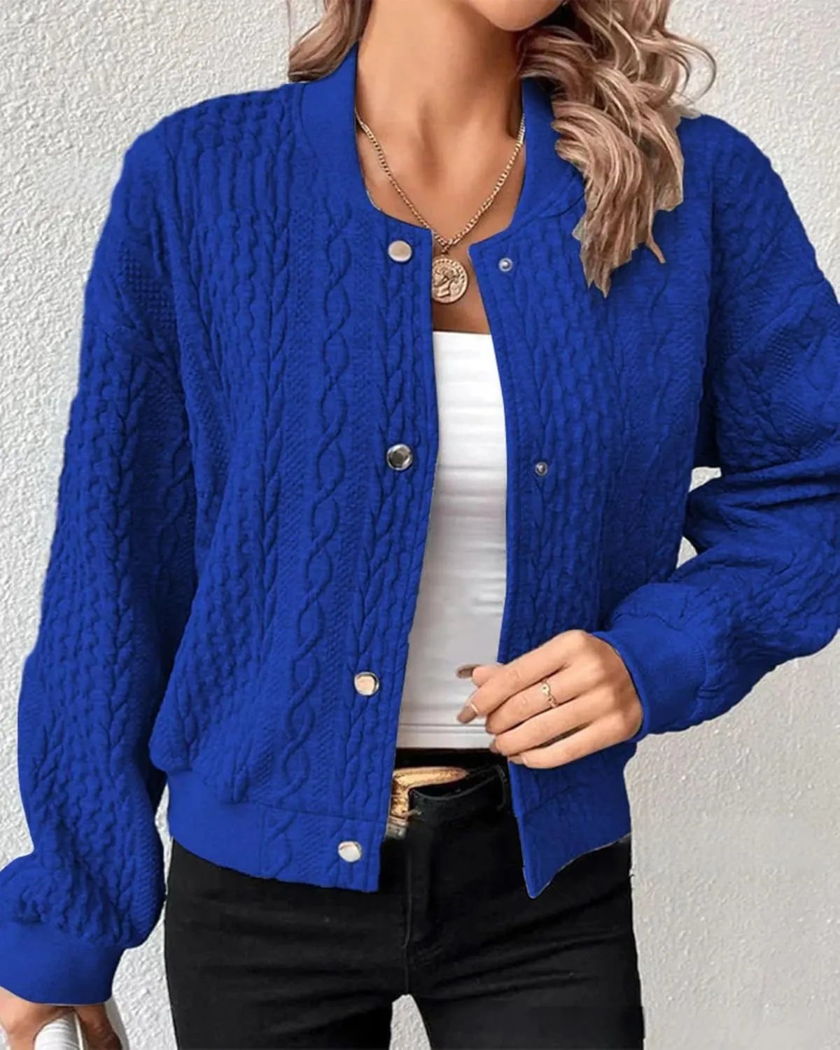 Women's Bomber Jackets Fleece Long Sleeve Cropped Button Down Casual Coat Faux Fuzzy Outwear with Pockets
