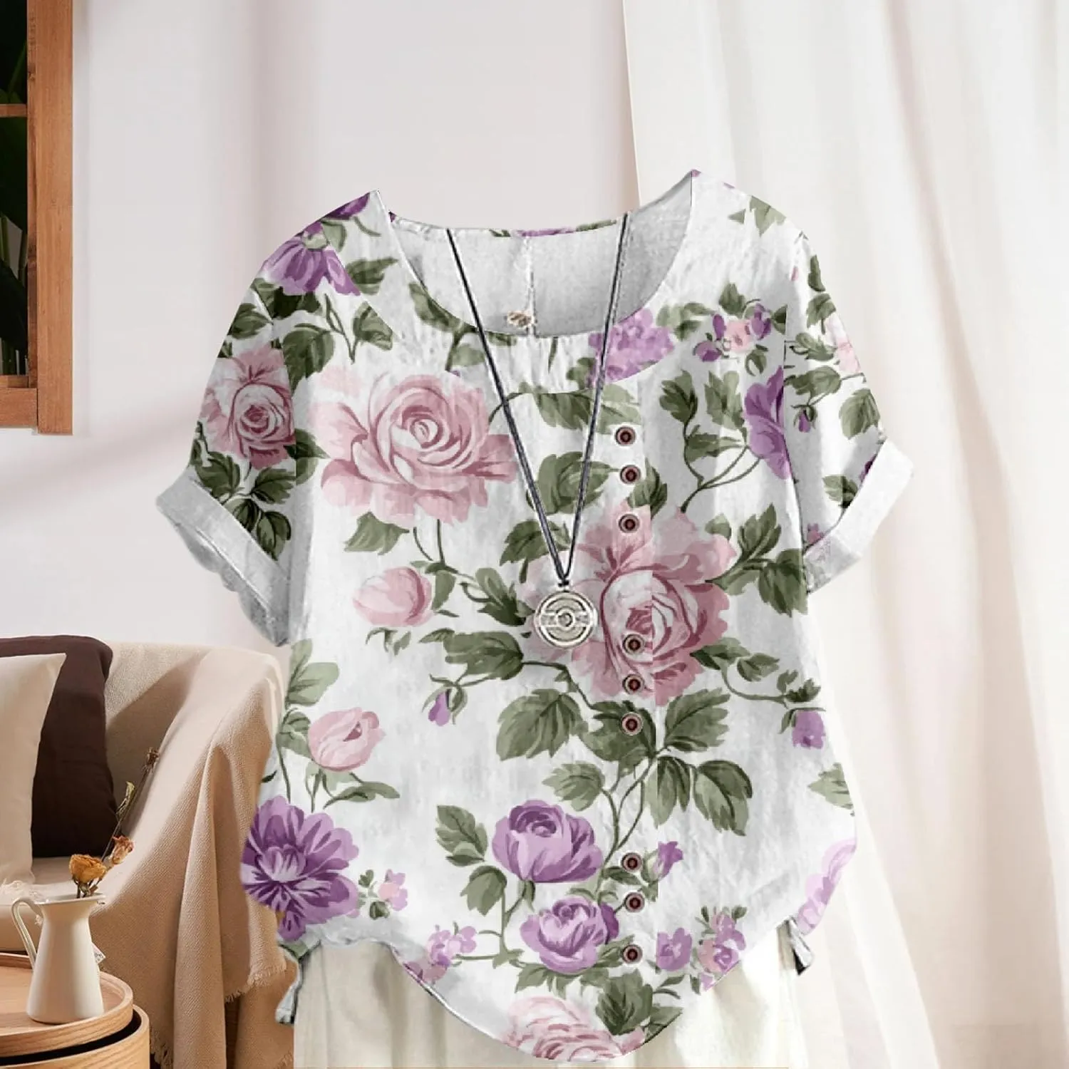 Women's Cotton Linen Tops Ladies Button Boho Floral Printed Crewneck Short Sleeve Shirts Summer Vacation Blouse