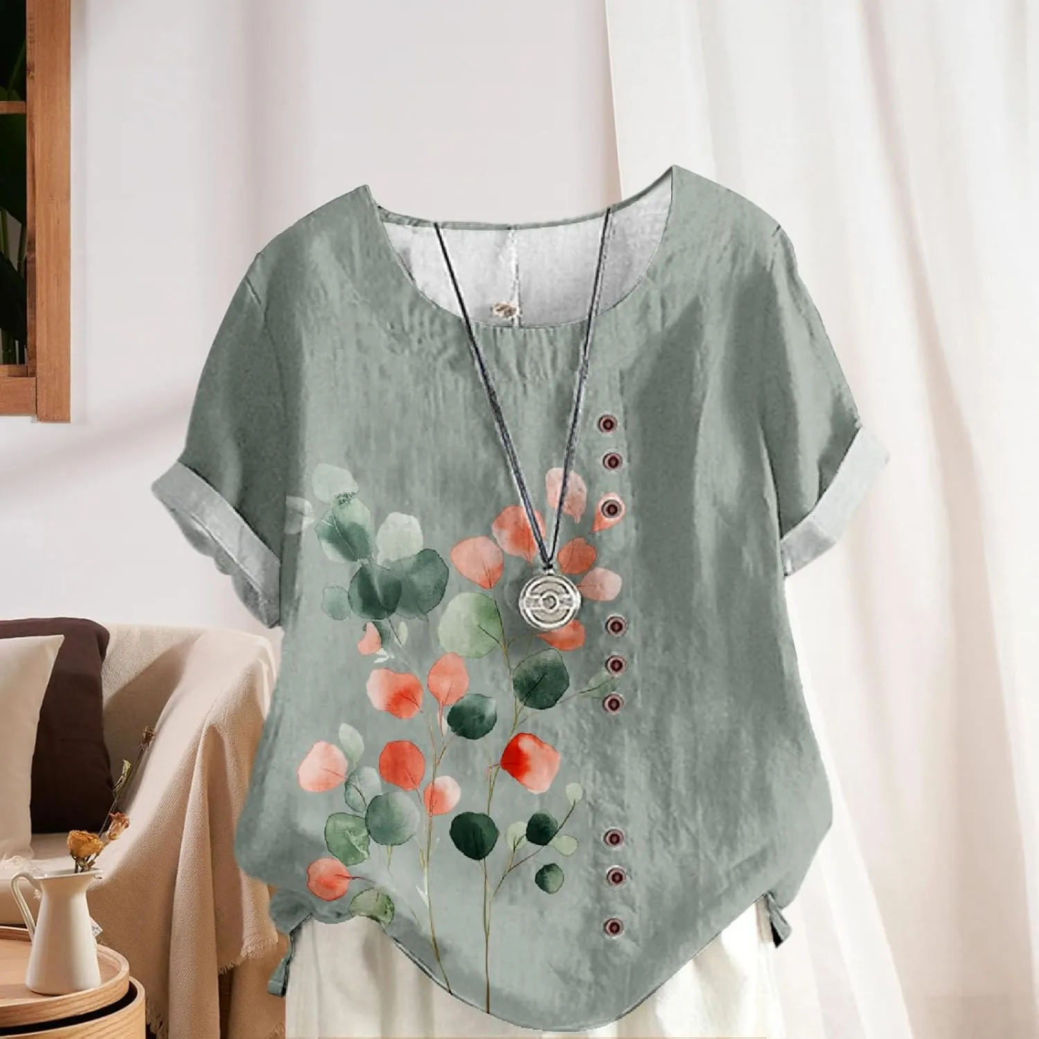 Women's Cotton Linen Tops Ladies Button Boho Floral Printed Crewneck Short Sleeve Shirts Summer Vacation Blouse