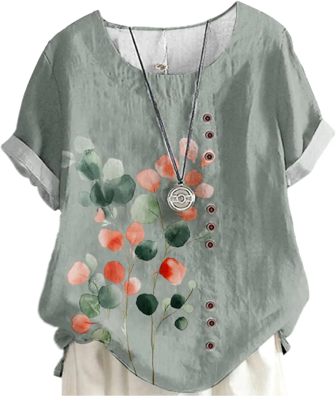 Women's Cotton Linen Tops Ladies Button Boho Floral Printed Crewneck Short Sleeve Shirts Summer Vacation Blouse
