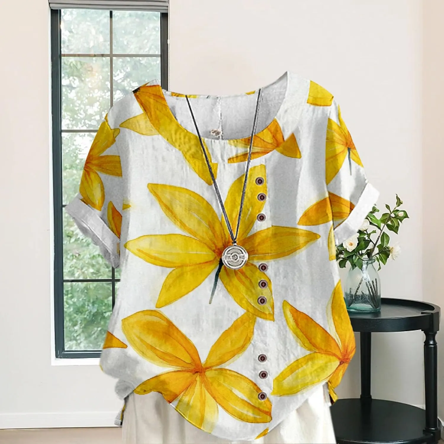 Women's Cotton Linen Tops Ladies Button Boho Floral Printed Crewneck Short Sleeve Shirts Summer Vacation Blouse