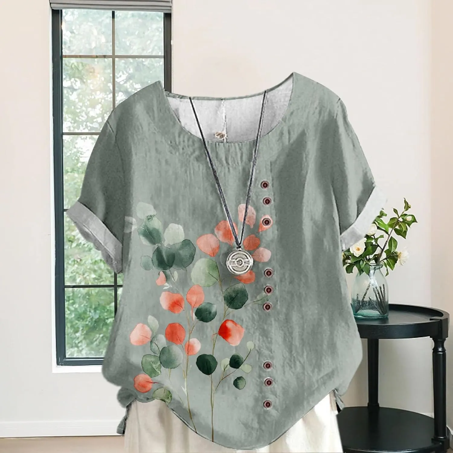 Women's Cotton Linen Tops Ladies Button Boho Floral Printed Crewneck Short Sleeve Shirts Summer Vacation Blouse