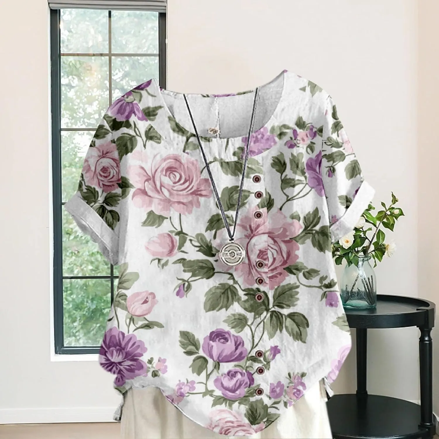 Women's Cotton Linen Tops Ladies Button Boho Floral Printed Crewneck Short Sleeve Shirts Summer Vacation Blouse
