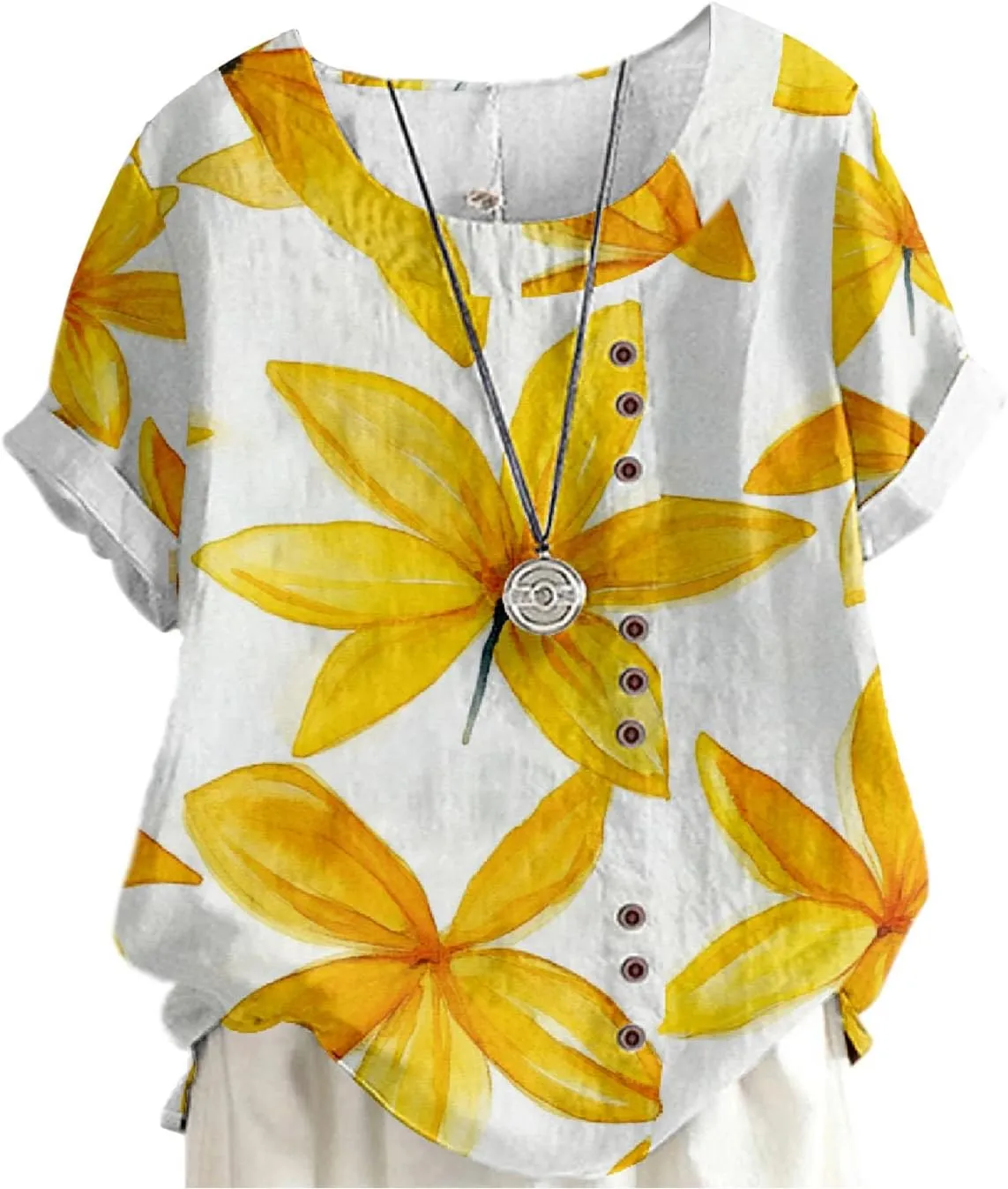Women's Cotton Linen Tops Ladies Button Boho Floral Printed Crewneck Short Sleeve Shirts Summer Vacation Blouse