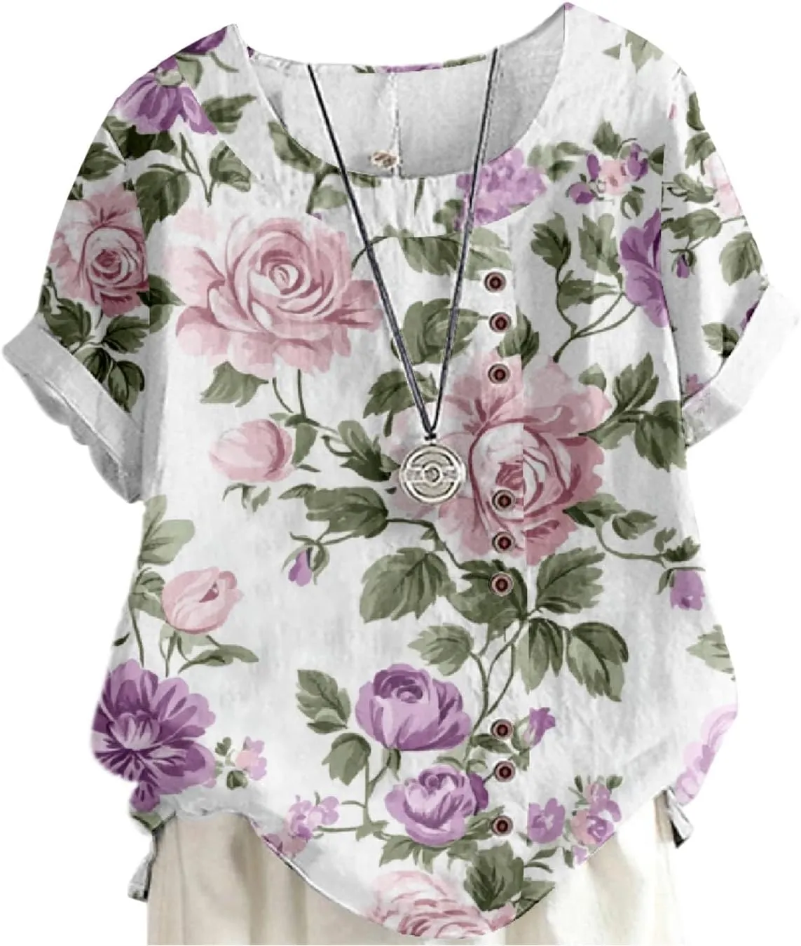 Women's Cotton Linen Tops Ladies Button Boho Floral Printed Crewneck Short Sleeve Shirts Summer Vacation Blouse