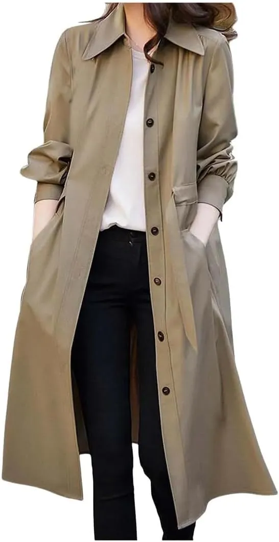 Women's Double-Breasted Japanese Trench Coat, Oversized Lapel Long-Sleeved Vintage Trench Coat