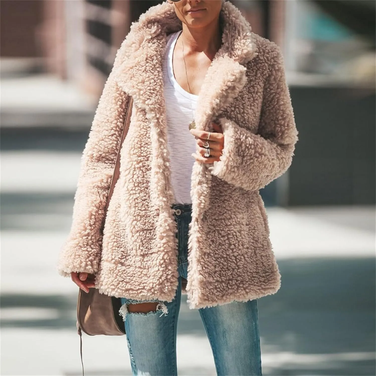 Womens Faux Fur Coat Outerwear Winter Comfortable Stylish Jacket with Pockets