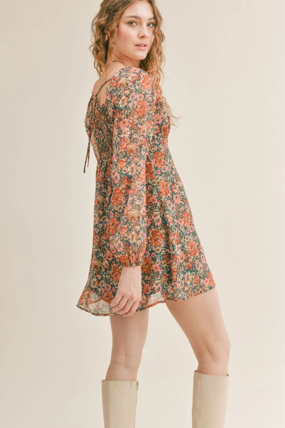 Women's Feminine Floral Mini Dress | Green Multi