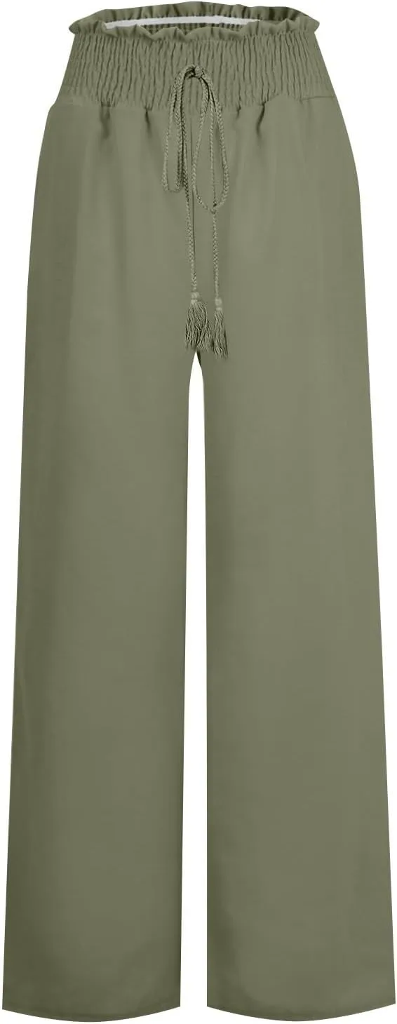 Womens Linen Summer Loose Pant Trousers High Waist Straight Slim Fit Palazzo Lounge Pants Vacation