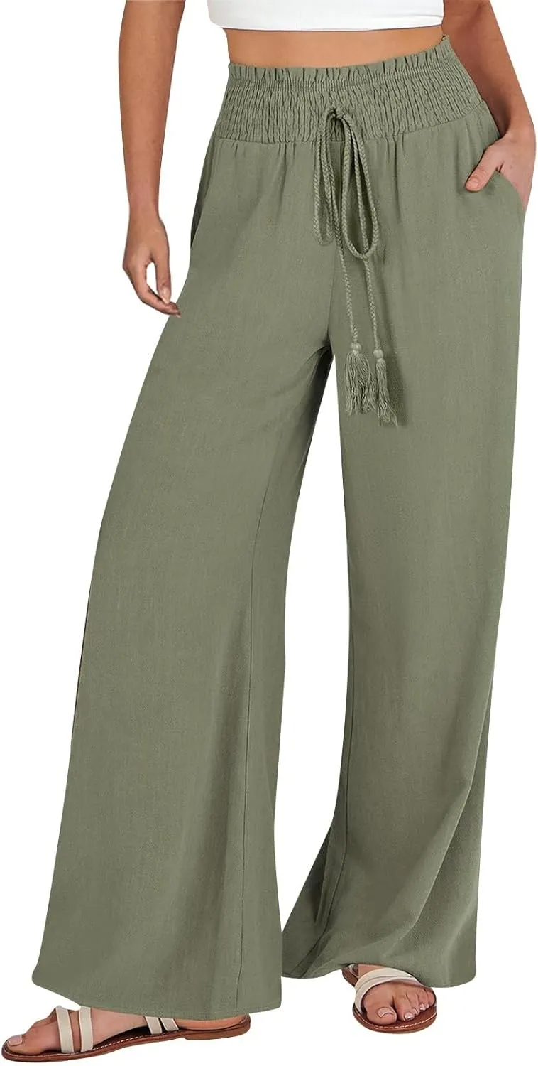 Womens Linen Summer Loose Pant Trousers High Waist Straight Slim Fit Palazzo Lounge Pants Vacation