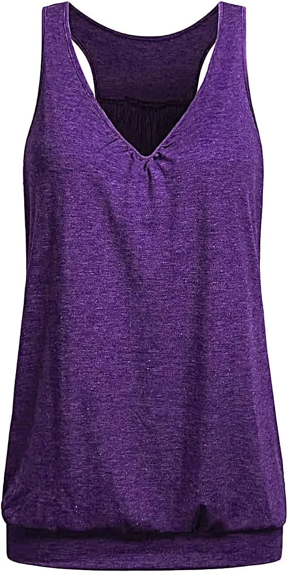 Womens Sleeveless V-Neck Tank Tops Workout Loose Fit Tops for Women Athletic Banded Bottom Tank Casual Shirts