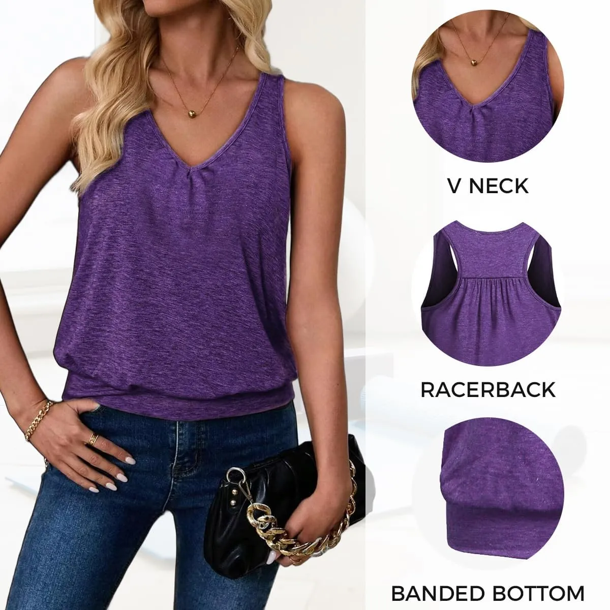 Womens Sleeveless V-Neck Tank Tops Workout Loose Fit Tops for Women Athletic Banded Bottom Tank Casual Shirts