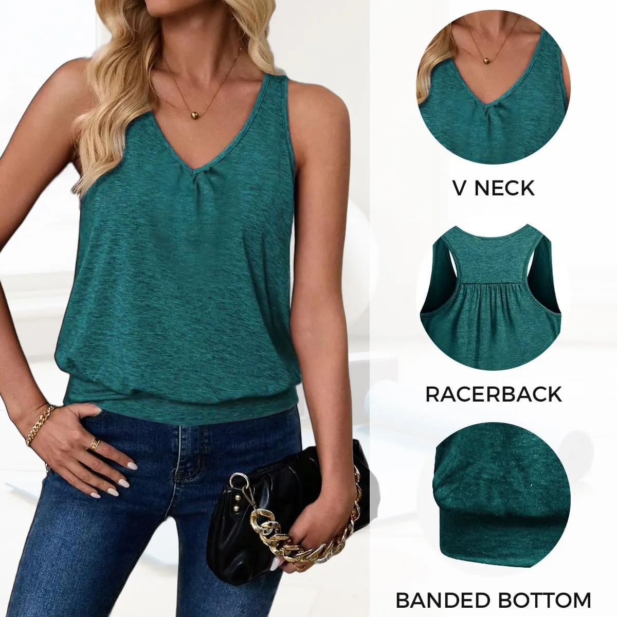 Womens Sleeveless V-Neck Tank Tops Workout Loose Fit Tops for Women Athletic Banded Bottom Tank Casual Shirts