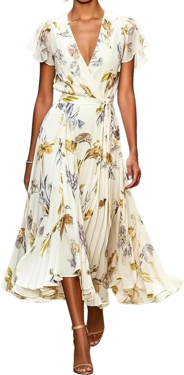 Women's Summer White Floral Print V Neck Wrap Midi Dress Stylish Ruffle Short Sleeve A-Line Beach Vacation Dresses 2025