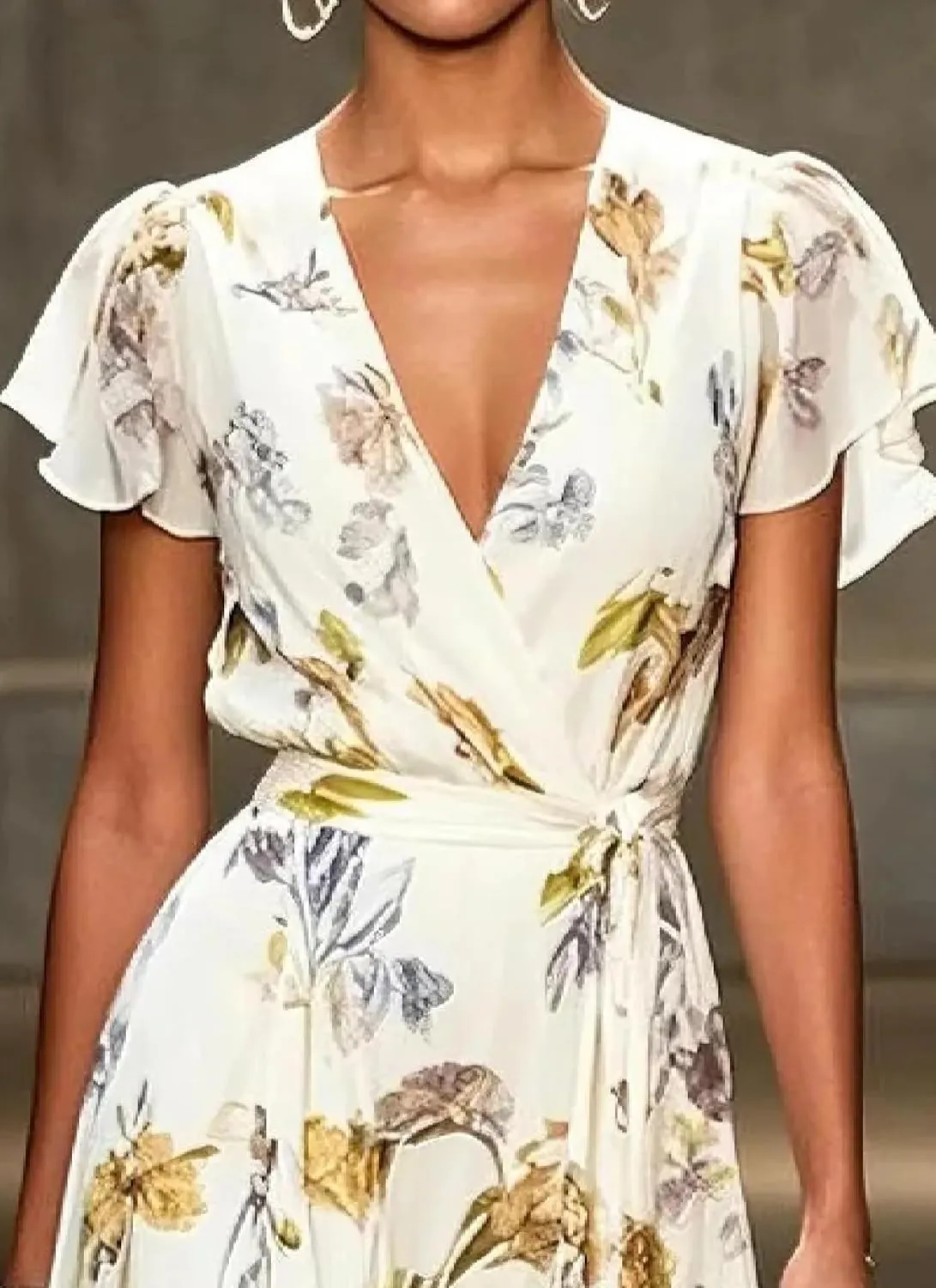 Women's Summer White Floral Print V Neck Wrap Midi Dress Stylish Ruffle Short Sleeve A-Line Beach Vacation Dresses 2025