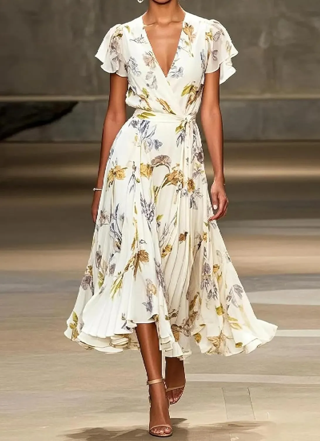 Women's Summer White Floral Print V Neck Wrap Midi Dress Stylish Ruffle Short Sleeve A-Line Beach Vacation Dresses 2025