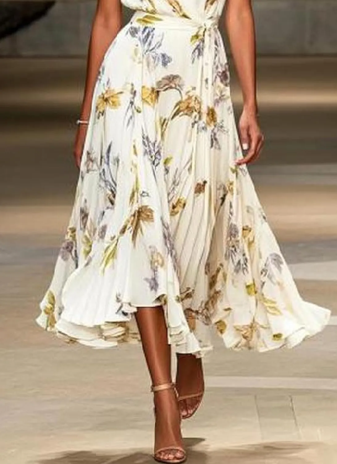 Women's Summer White Floral Print V Neck Wrap Midi Dress Stylish Ruffle Short Sleeve A-Line Beach Vacation Dresses 2025