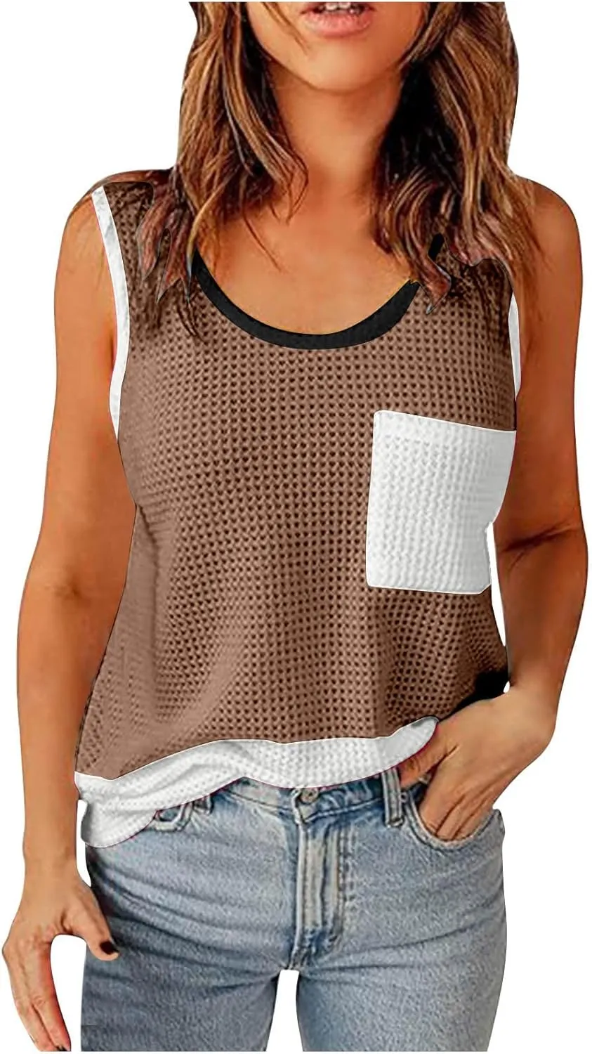 Womens Waffle Knit Tank Tops with Pockets, Summer Casual Crewneck Sleeveless Shirts Color Block Blouses