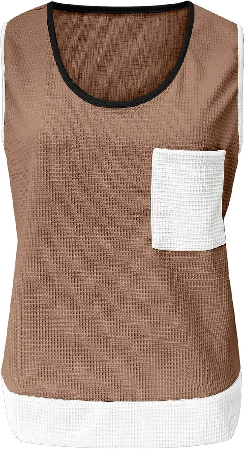 Womens Waffle Knit Tank Tops with Pockets, Summer Casual Crewneck Sleeveless Shirts Color Block Blouses